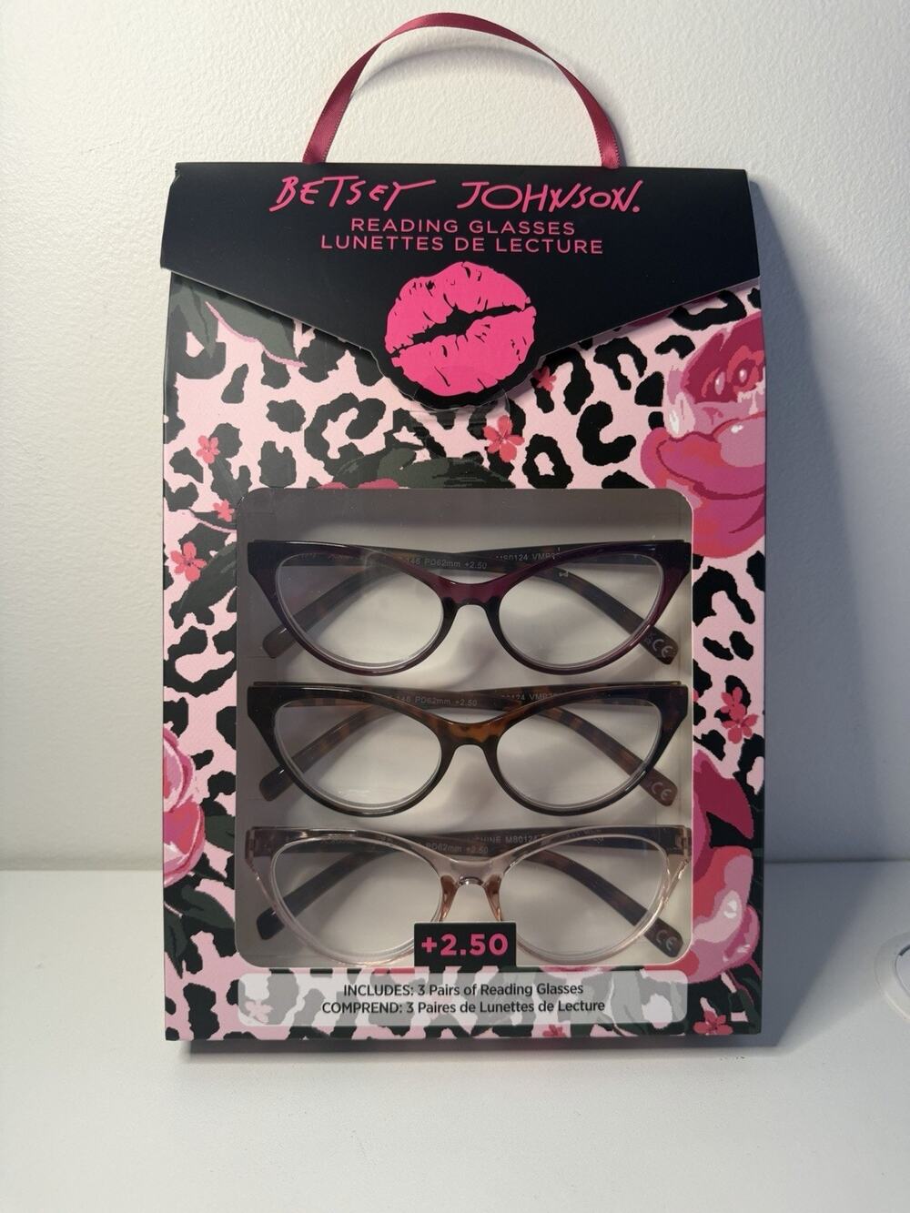 New Betsey Johnson Reading Glasses +2.50 Eyeglasses Readers 3 Pack Cat Eye NIB